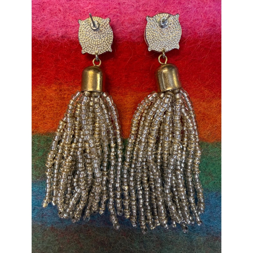 White Marble Faux Stone Champagne Seed Bead Tassel Drop Statement Earrings Gold